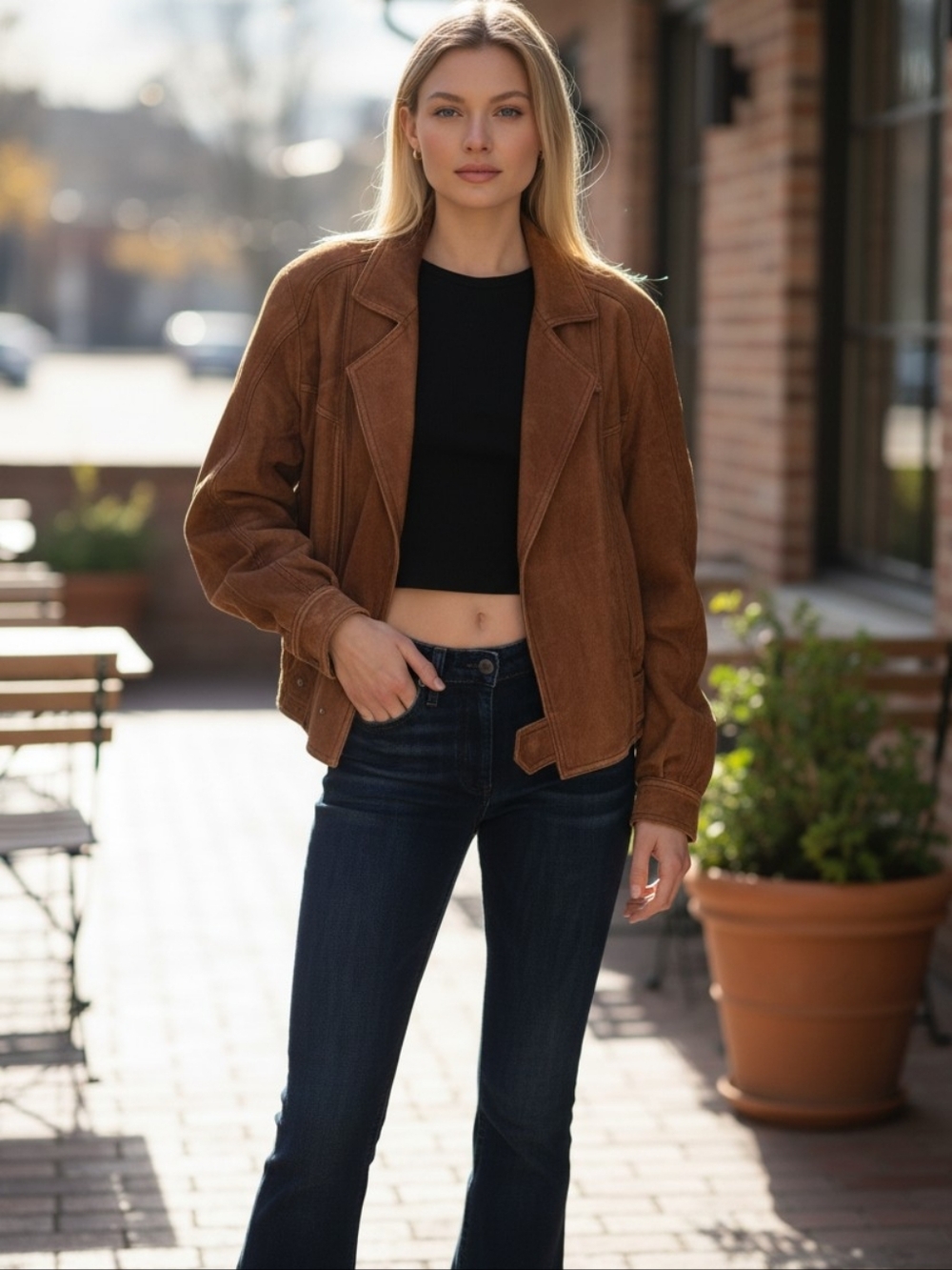 Vintage Style Brown Leather Jacket Distressed Patina Italy Buttons
